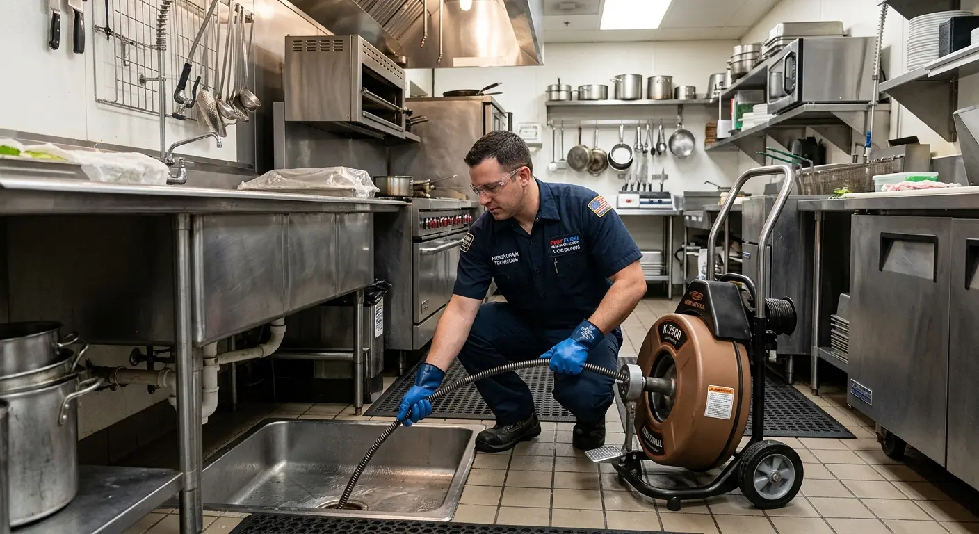 Commercial drain cleaning service in a restaurant kitchen in Tehachapi