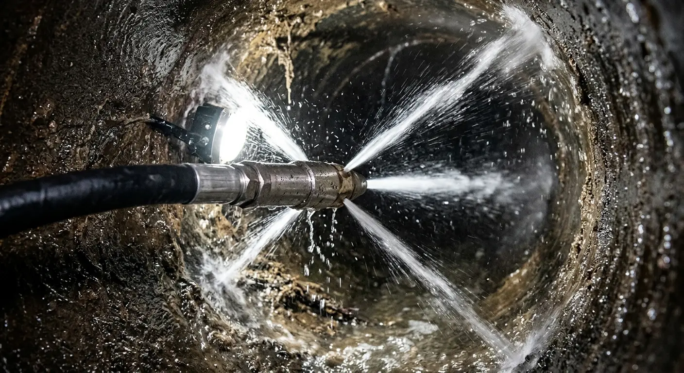High-pressure hydro jetting nozzle cleaning sewer pipe for Storm Drain Cleaning in Tehachapi