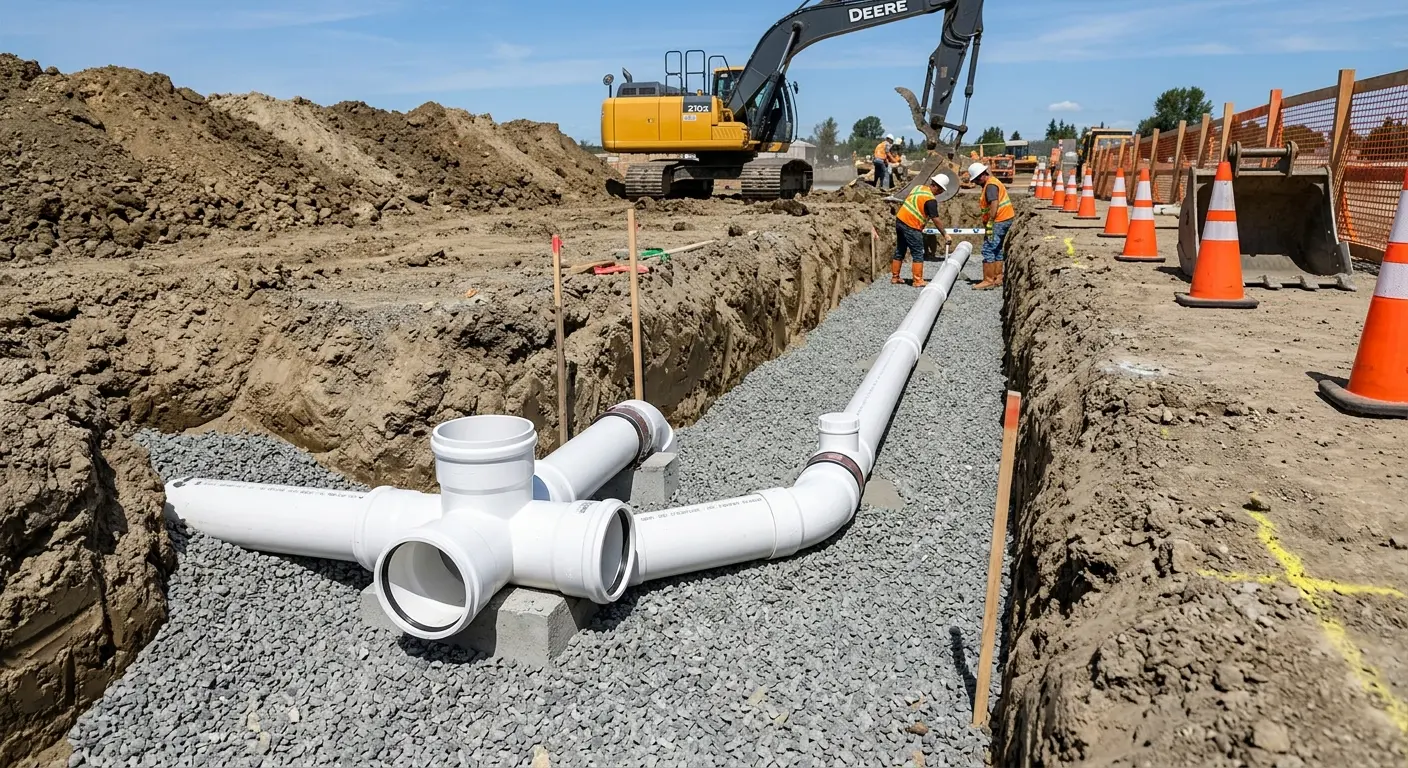 New PVC sewer pipe installation in open trench for Sewer Backup in Tehachapi