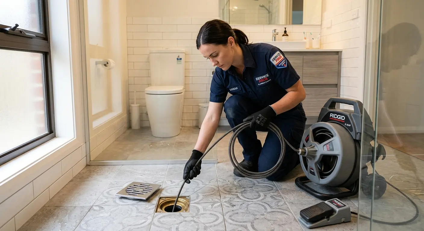 Technician clearing a bathroom floor drain for Sewer Line Replacement in Tehachapi